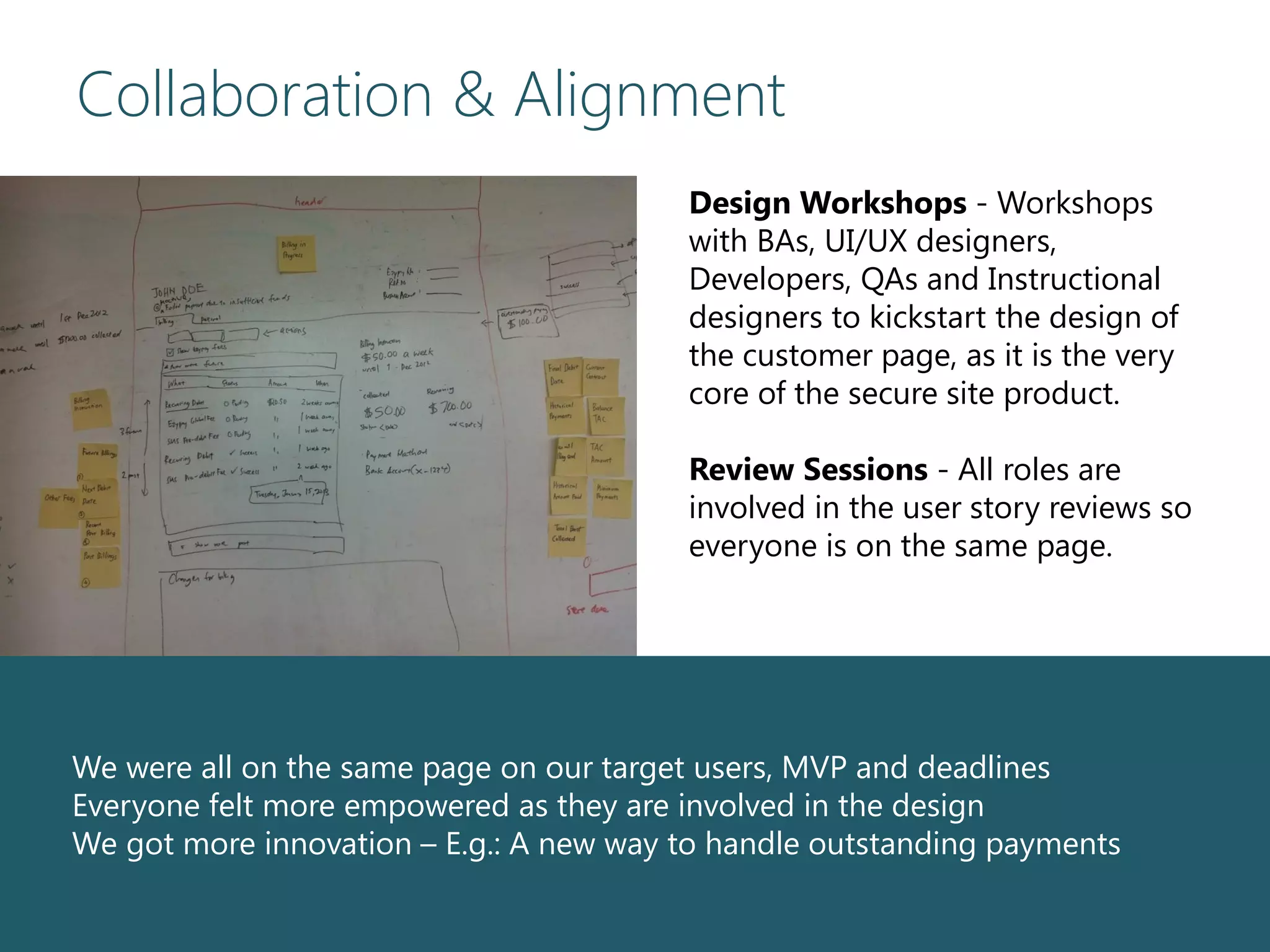 Collaboration & Alignment
We were all on the same page on our target users, MVP and deadlines
Everyone felt more empowered as they are involved in the design
We got more innovation – E.g.: A new way to handle outstanding payments
Design Workshops - Workshops
with BAs, UI/UX designers,
Developers, QAs and Instructional
designers to kickstart the design of
the customer page, as it is the very
core of the secure site product.
Review Sessions - All roles are
involved in the user story reviews so
everyone is on the same page.
 