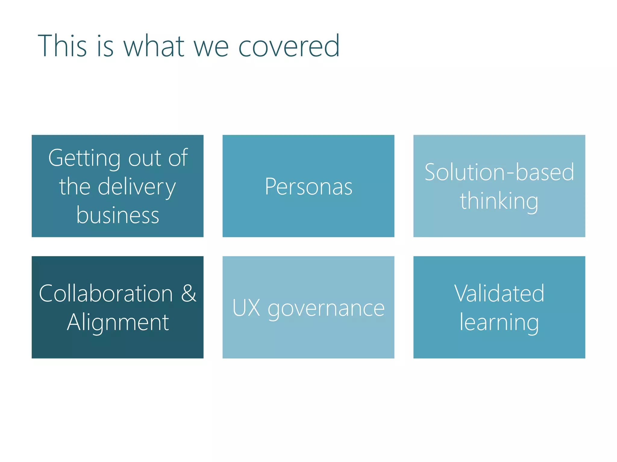 This is what we covered
Getting out of
the delivery
business
Personas
Solution-based
thinking
Collaboration &
Alignment
UX governance
Validated
learning
 