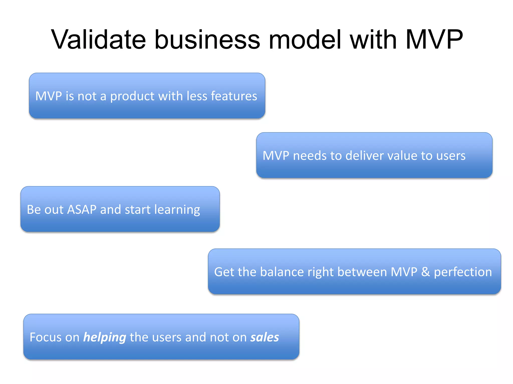 Validate business model with MVP
MVP is not a product with less features

MVP needs to deliver value to users

Be out ASAP and start learning

Get the balance right between MVP & perfection

Focus on helping the users and not on sales

 
