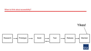 When to think about accessibility? 
Yikes! 
Research Prototype Build Test Release Maintain 
 
