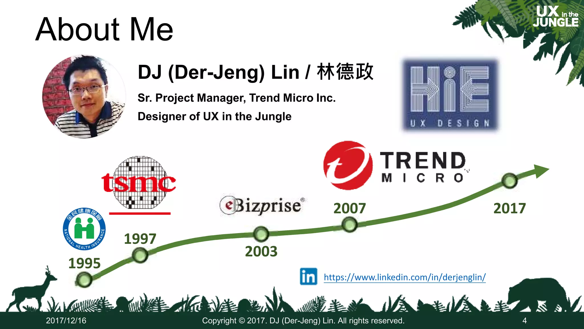 About Me
DJ (Der-Jeng) Lin / 林德政
Sr. Project Manager, Trend Micro Inc.
Designer of UX in the Jungle
2017/12/16 Copyright © 2017. DJ (Der-Jeng) Lin. All rights reserved. 4
https://www.linkedin.com/in/derjenglin/
1997
2003
2007
1995
2017
 