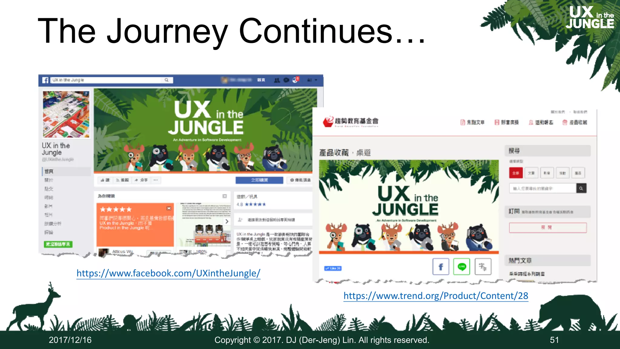 The Journey Continues…
2017/12/16 Copyright © 2017. DJ (Der-Jeng) Lin. All rights reserved. 51
https://www.trend.org/Product/Content/28
https://www.facebook.com/UXintheJungle/
 
