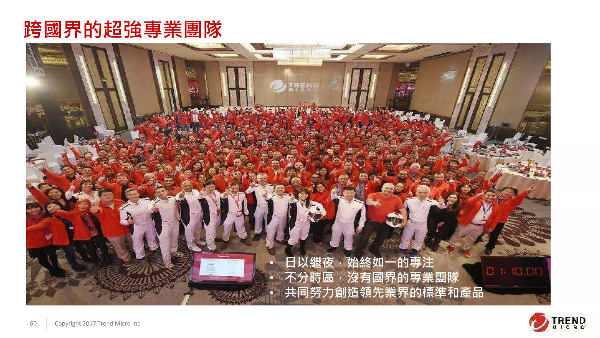 Copyright 2017 Trend Micro Inc.60
跨國界的超強專業團隊
• 日以繼夜，始終如⼀的專注
• 不分時區，沒有國界的專業團隊
• 共同努力創造領先業界的標準和產品
 