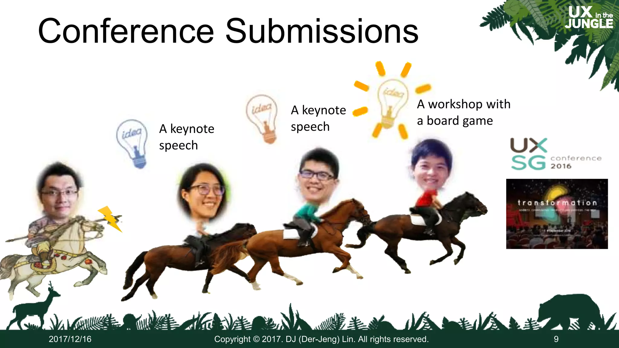 Conference Submissions
2017/12/16 Copyright © 2017. DJ (Der-Jeng) Lin. All rights reserved. 9
A workshop with
a board game
A keynote
speechA keynote
speech
 