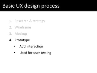 Basic UX design process
1. Research & strategy
2. Wireframe
3. Mockup
4. Prototype
• Add interaction
• Used for user testing
 