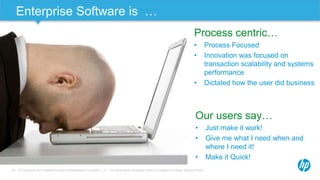© Copyright 2013 Hewlett-Packard Development Company, L.P. The information contained herein is subject to change without notice.25
Enterprise Software is …
Our users say…
• Just make it work!
• Give me what I need when and
where I need it!
• Make it Quick!
Process centric…
• Process Focused
• Innovation was focused on
transaction scalability and systems
performance
• Dictated how the user did business
 
