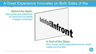 © Copyright 2013 Hewlett-Packard Development Company, L.P. The information contained herein is subject to change without notice.27
A Great Experience Innovates on Both Sides of the
Glass
In front of the Glass:
Rich, human-centric applications that are useful,
usable and desirable
Behind the Glass:
Improve the user-experience
by improving how people
engage in processes
 