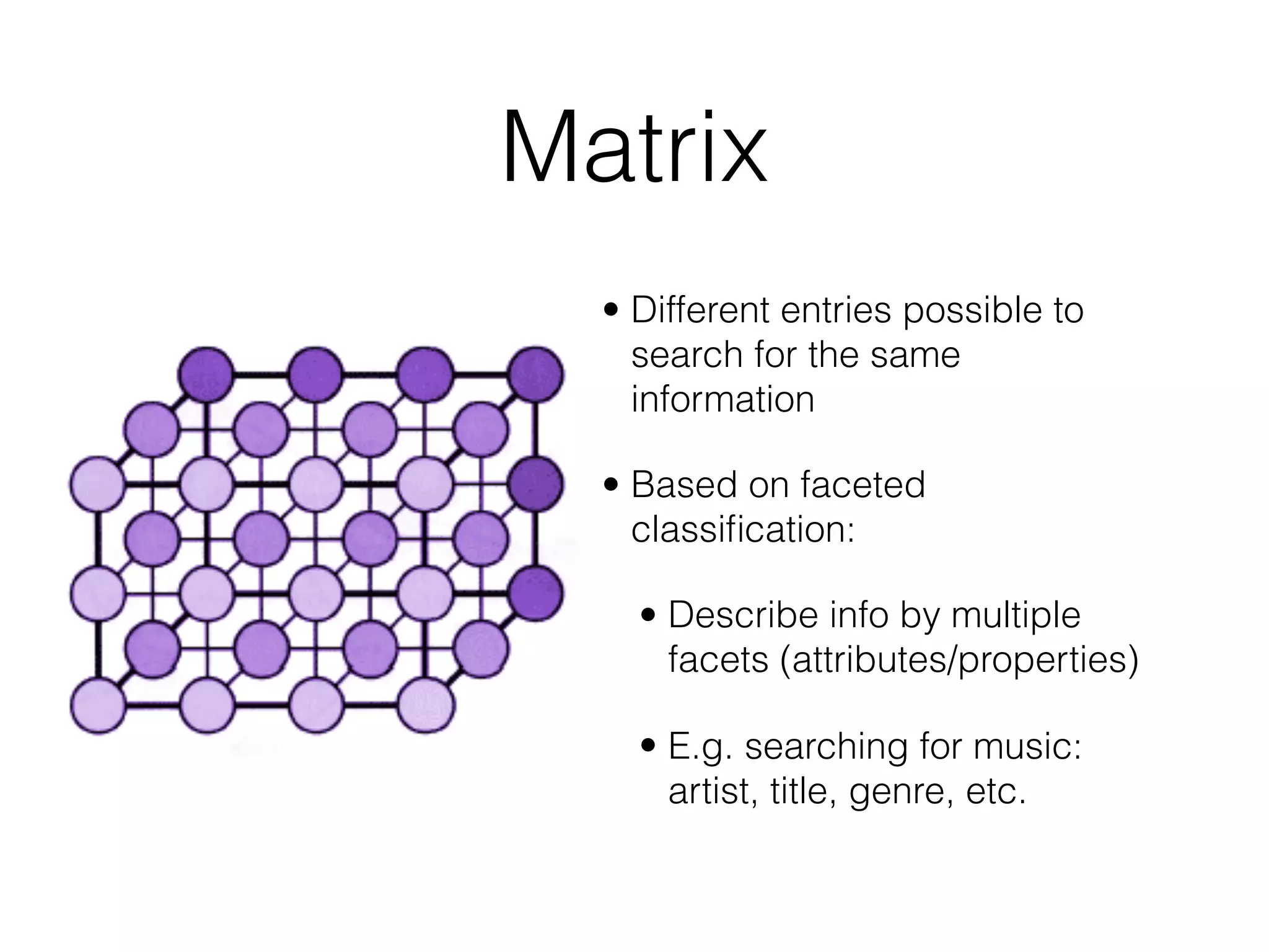 Matrix
• Different entries possible to
search for the same
information
• Based on faceted
classiﬁcation:
• Describe info by multiple
facets (attributes/properties)
• E.g. searching for music:
artist, title, genre, etc.
 