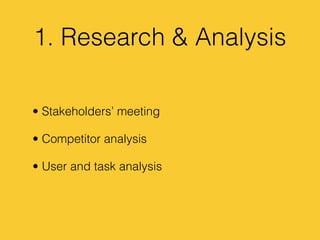 1. Research & Analysis
• Stakeholders’ meeting
• Competitor analysis
• User and task analysis
 
