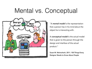 Mental vs. Conceptual
"A mental model is the representation
that a person has in his mind about the
object he is interacting with.
A conceptual model is the actual model
that is given to the person through the
design and interface of the actual
product.”
Susan M. Weinschenk. 2011. 100 Things Every
Designer Needs to Know About People
 