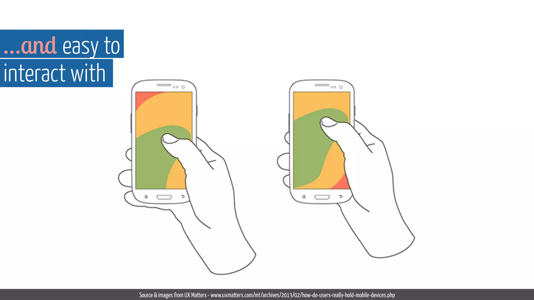 Source & images from UX Matters - www.uxmatters.com/mt/archives/2013/02/how-do-users-really-hold-mobile-devices.php
…and easy to  
interact with
 