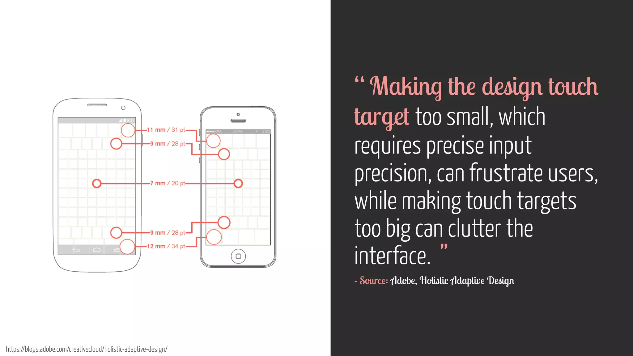 https://blogs.adobe.com/creativecloud/holistic-adaptive-design/
“ Making the design touch
target too small, which
requires precise input
precision, can frustrate users,
while making touch targets
too big can clutter the
interface. ”
- Source: Adobe, Holistic Adaptive Design
 