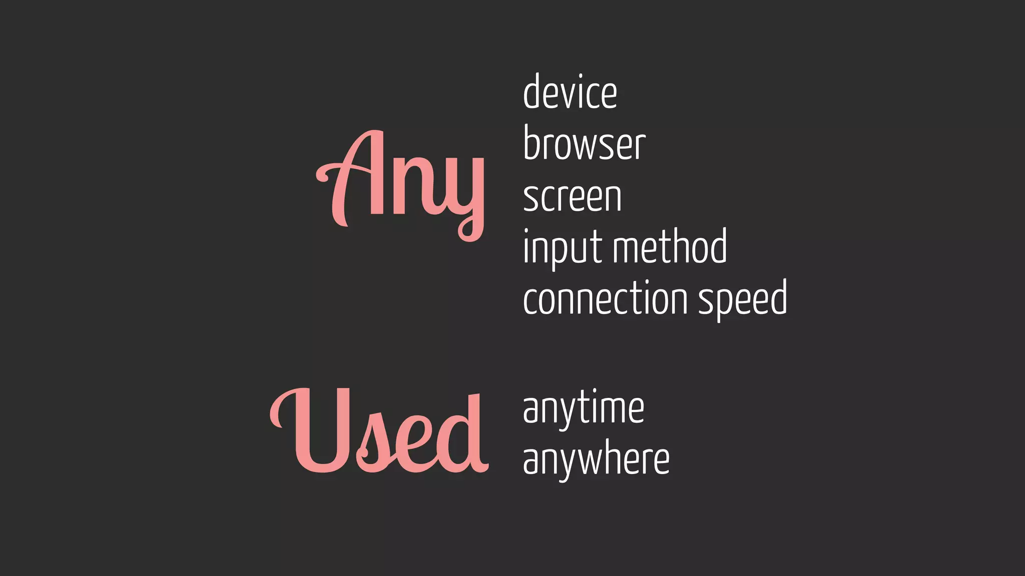 device
browser
screen
input method
connection speed
Any
anytime
anywhereUsed
 