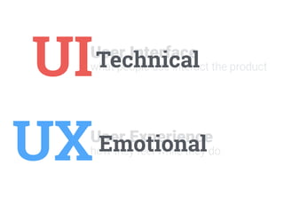 UIUser Interface
what people use interact the product
User Experience
how they feel while they do.UX
Technical
Emotional
 
