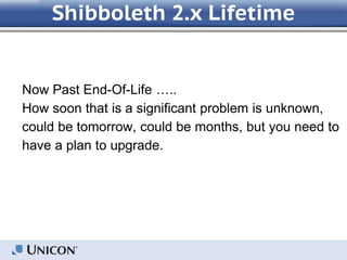 Now Past End-Of-Life …..
How soon that is a significant problem is unknown,
could be tomorrow, could be months, but you need to
have a plan to upgrade.
Shibboleth 2.x Lifetime
 