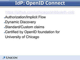 IdP: OpenID Connect
https://github.com/uchicago/shibboleth-oidc
●Authorization/Implicit Flow
●Dynamic Discovery
●Standard/Custom claims
●Certified by OpenID foundation for
University of Chicago
 