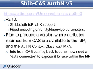 Shib-CAS AuthN v3
https://github.com/Unicon/shib-cas-authn3
● v3.1.0
○ Shibboleth IdP v3.X support
○ Fixed encoding on entityId/service parameters.
● Plan to produce a version where attributes
returned from CAS are available to the IdP,
and the AuthN Context Class w.r.t MFA.
○ Info from CAS coming back is done, now need a
“data connector” to expose it for use within the IdP
 