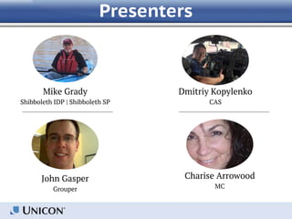 Presenters
Mike Grady
Shibboleth IDP | Shibboleth SP
Dmitriy Kopylenko
CAS
John Gasper
Grouper
Charise Arrowood
MC
 