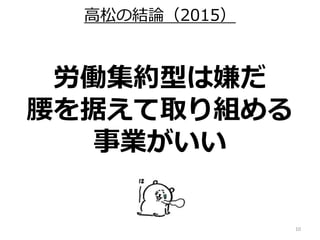 10
労働集約型は嫌だ
腰を据えて取り組める
事業がいい
高松の結論（2015）
 