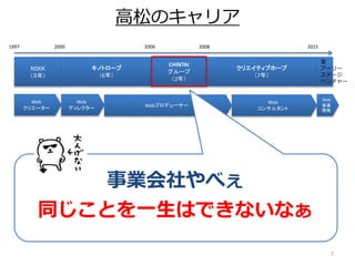 7
1997 2000 2006 2008 2015
NSKK
（３年）
キノトロープ
（6年）
CHINTAI
グループ
（2年）
クリエイティブホープ
（7年）
Web
クリエーター
Web
ディレクター
Webプロデューサー
Web
コンサルタント
Web
事業
開発
事業会社やべぇ
同じことを一生はできないなぁ
某
アーリー
ステージ
ベンチャー
高松のキャリア
 