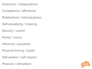 Autonomy / independence
Competence / effectance
Relatedness / belongingness
Self-actualising / meaning
Security / control
Money / luxury
Influence / popularity
Physical thriving / bodily
Self-esteem / self respect
Pleasure / stimulation
 