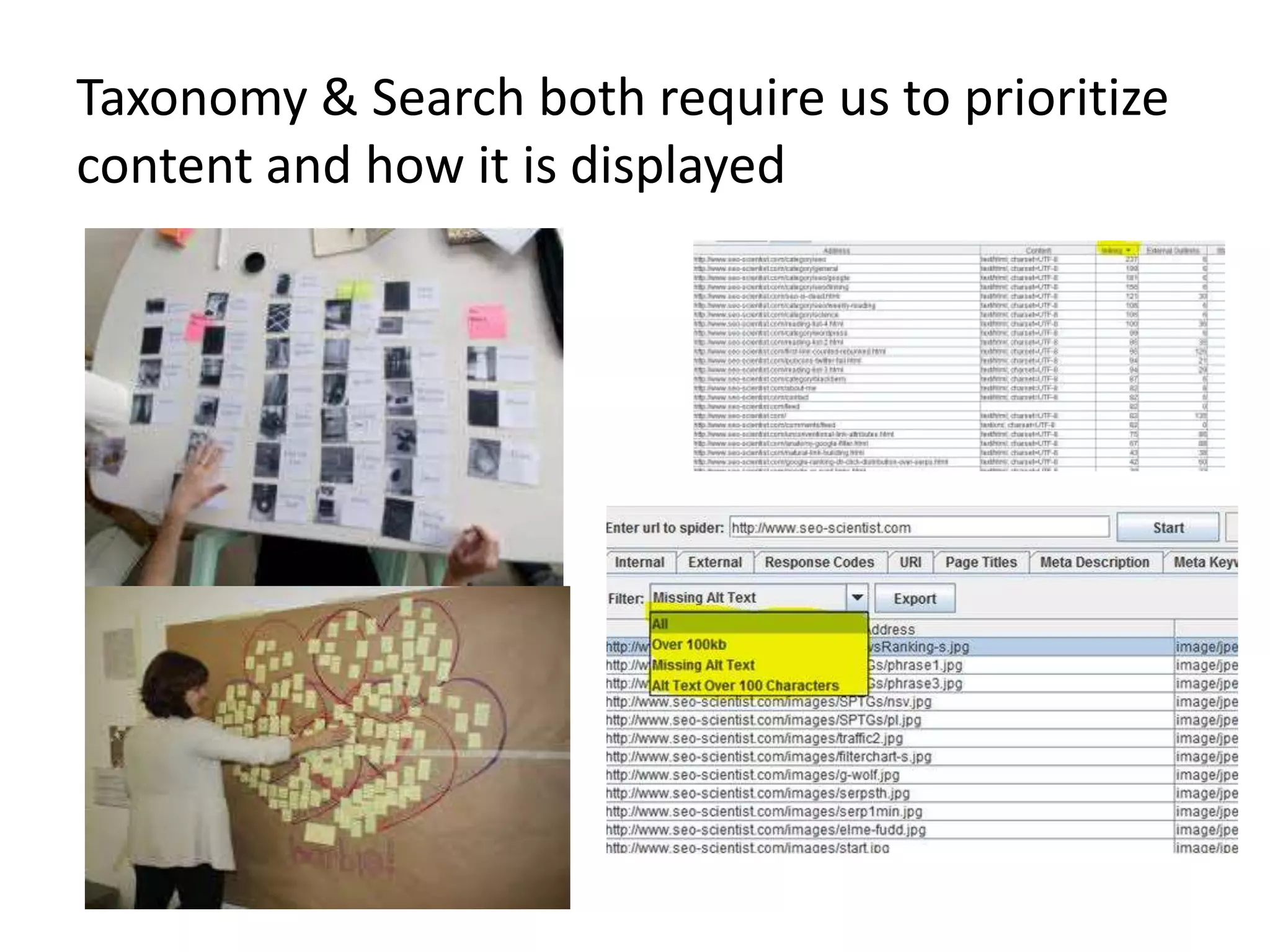 Taxonomy & Search both require us to prioritize
content and how it is displayed
 