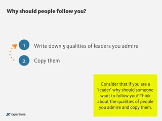 Why should people follow you?
@chudders
Write down 5 qualities of leaders you admire
Copy them
1
2
Consider that if you are a
‘leader’ why should someone
want to follow you? Think
about the qualities of people
you admire and copy them.
 