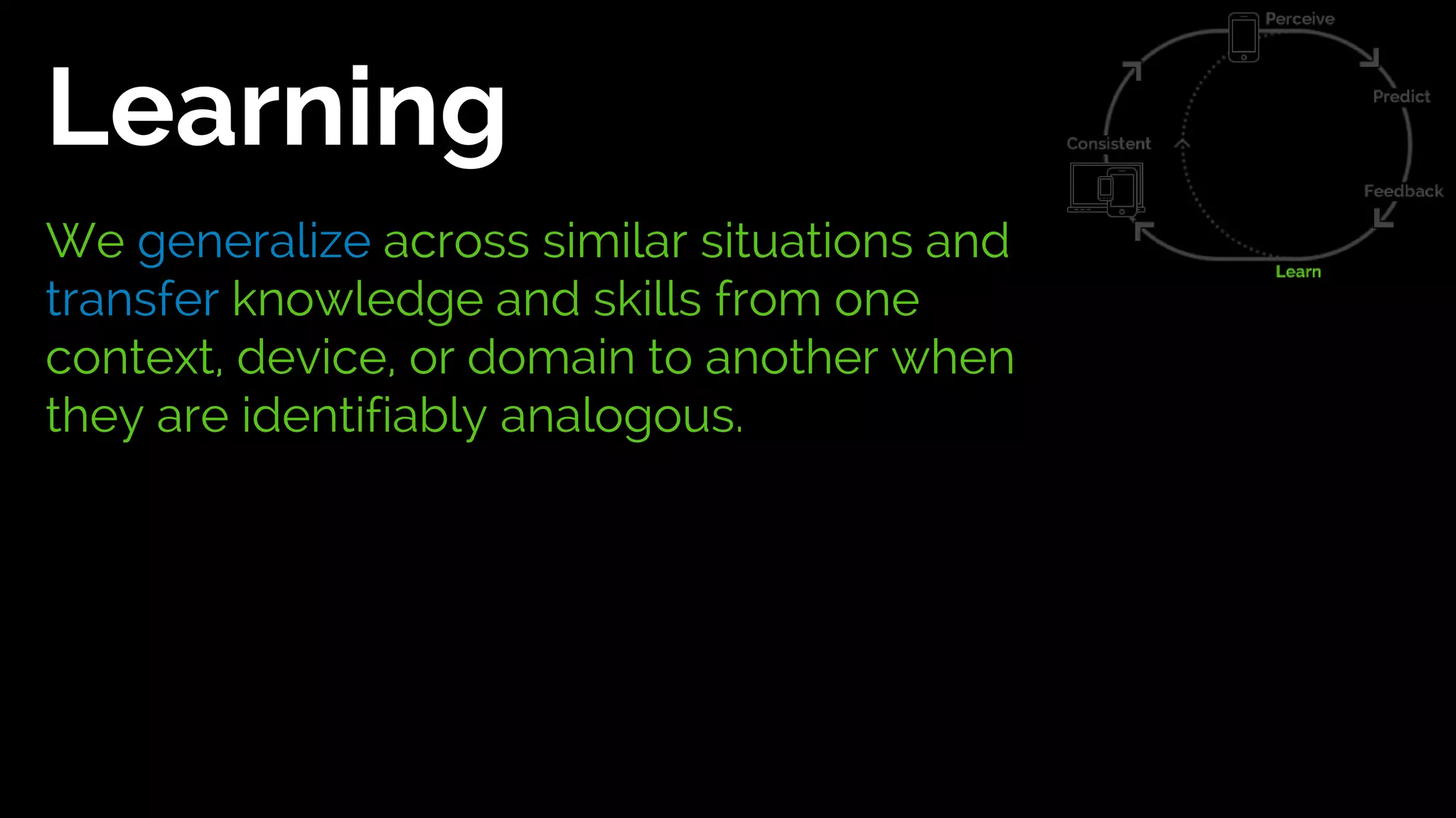 Learning
We generalize across similar situations and
transfer knowledge and skills from one
context, device, or domain to another when
they are identifiably analogous.
 