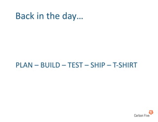 Back	
  in	
  the	
  day…	
  



PLAN	
  –	
  BUILD	
  –	
  TEST	
  –	
  SHIP	
  –	
  T-­‐SHIRT	
  	
  
 