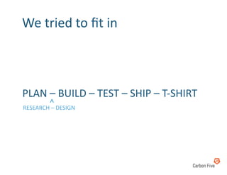 We	
  tried	
  to	
  ﬁt	
  in	
  



PLAN	
  –	
  BUILD	
  –	
  TEST	
  –	
  SHIP	
  –	
  T-­‐SHIRT	
  	
  
        ^	
  DESIGN	
  
RESEARCH	
  –	
  
 
