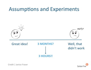 AssumpRons%and%Experiments%




    Great%idea!%          3"MONTHS?"   Well,%that%
                                       didn’t%work%

                          3"HOURS!!"

Credit%|%Janice%Fraser%
 