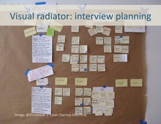 Visual	
  radiator:	
  interview	
  planning	
  




 Image	
  @thinknow	
  	
  |	
  	
  Lean	
  Startup	
  Machine	
  
                                                                     43	
  
 
