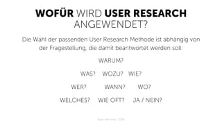 WOFÜR WIRD USER RESEARCH
ANGEWENDET?
Die Wahl der passenden User Research Methode ist abhängig von
der Fragestellung, die damit beantwortet werden soll:
WARUM?
WAS? WOZU? WIE?
WER? WANN? WO?
WELCHES? WIE OFT? JA / NEIN?
Apps with love / 2018
 
