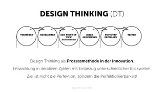 DESIGN THINKING (DT)
Apps with love / 2018
Design Thinking als Prozessmethode in der Innovation.
Entwicklung in iterativen Zyklen mit Einbezug unterschiedlicher Blickwinkel.
Ziel ist nicht die Perfektion, sondern die Perfektionierbarkeit!
 