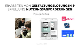 ERARBEITEN VON GESTALTUNGSLÖSUNGEN &
ERFÜLLUNG NUTZUNGSANFORDERUNGEN
Apps with love / 2018
Prototyp Testing
 