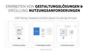 Apps with love / 2018
A/B Testing: Feedback einholen dauert nur wenige Minuten
ERARBEITEN VON GESTALTUNGSLÖSUNGEN &
ERFÜLLUNG NUTZUNGSANFORDERUNGEN
 