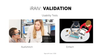 iRAIV: VALIDATION
Apps with love / 2018
Usability Tests
Ausführlich 		 	 	 	 	Einfach
 