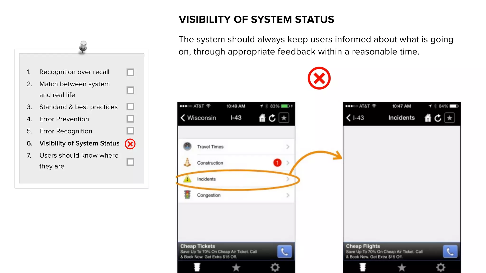 1. Recognition over recall
2. Match between system
and real life
3. Standard & best practices
4. Error Prevention
5. Error Recognition
6. Visibility of System Status
7. Users should know where
they are
VISIBILITY OF SYSTEM STATUS
The system should always keep users informed about what is going
on, through appropriate feedback within a reasonable time.
 