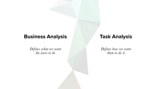 Defines what we want
the users to do
Defines how we want
them to do it
Task AnalysisBusiness Analysis
 