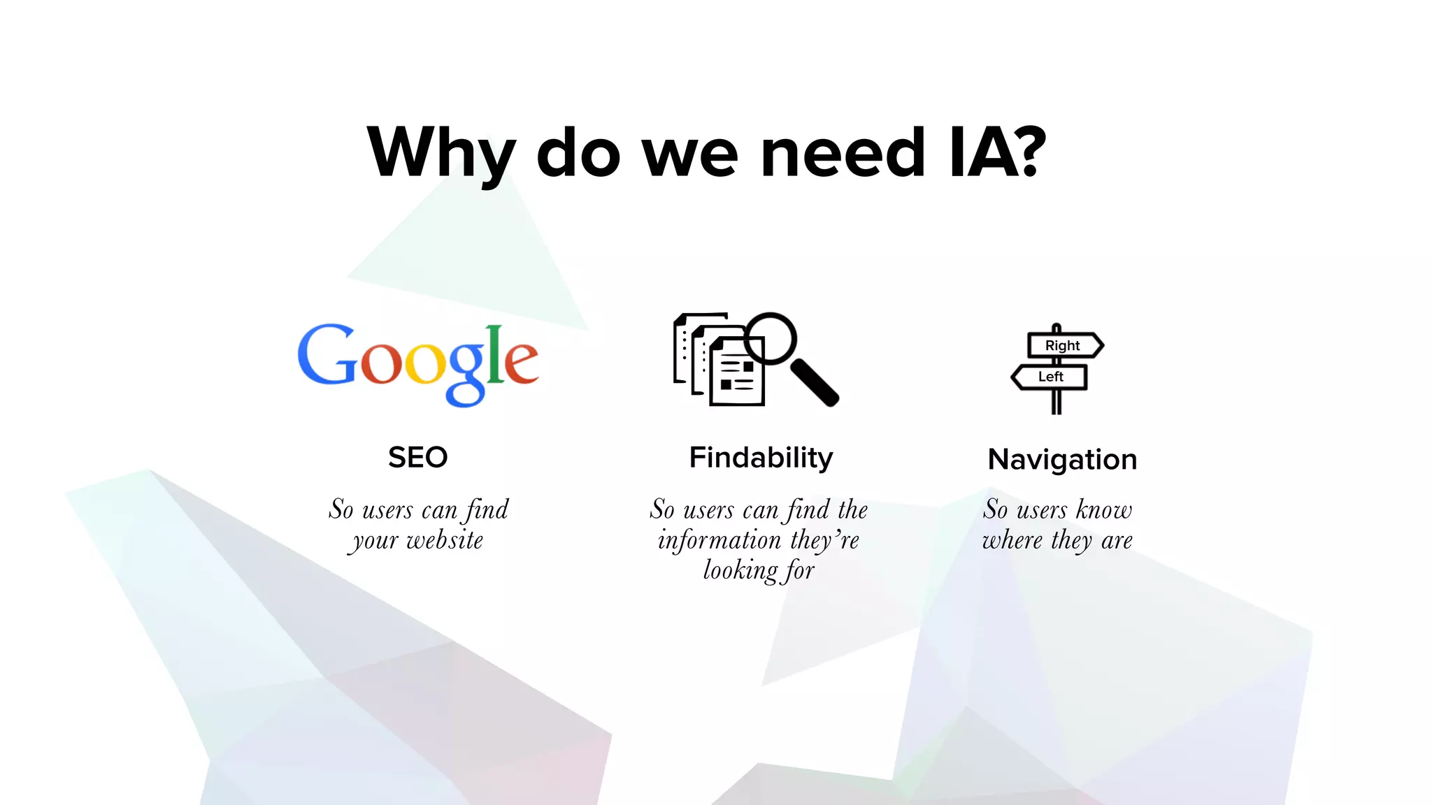 Navigation
Right
Left
Findability
Why do we need IA?
SEO
So users can find
your website
So users can find the
information they’re
looking for
So users know
where they are
http://www.slideshare.net/jrs76/what-is-information-architecture-and-how-can-it-help-my-website?related=1
 