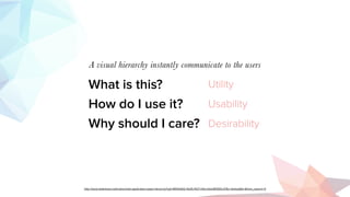 What is this?
How do I use it?
Why should I care?
A visual hierarchy instantly communicate to the users
Utility
Usability
Desirability
http://www.slideshare.net/lukew/web-application-page-hierarchy?qid=8914a932-4b25-4127-b1fa-b2dc80555c37&v=default&b=&from_search=5
 