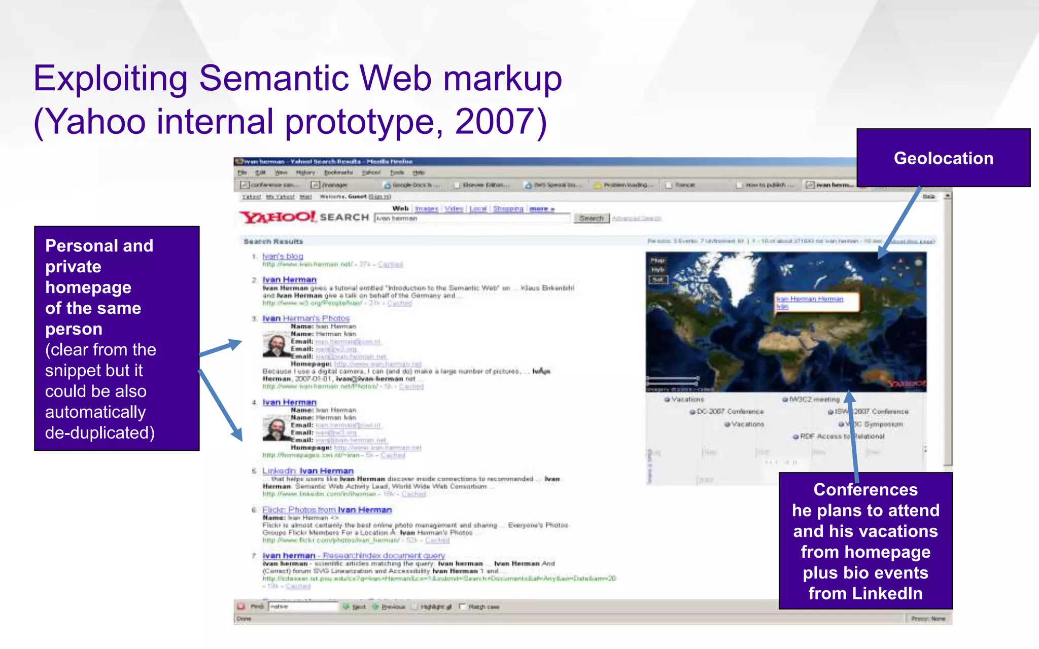 Exploiting Semantic Web markup
(Yahoo internal prototype, 2007)
Personal and
private
homepage
of the same
person
(clear from the
snippet but it
could be also
automatically
de-duplicated)
Conferences
he plans to attend
and his vacations
from homepage
plus bio events
from LinkedIn
Geolocation
 