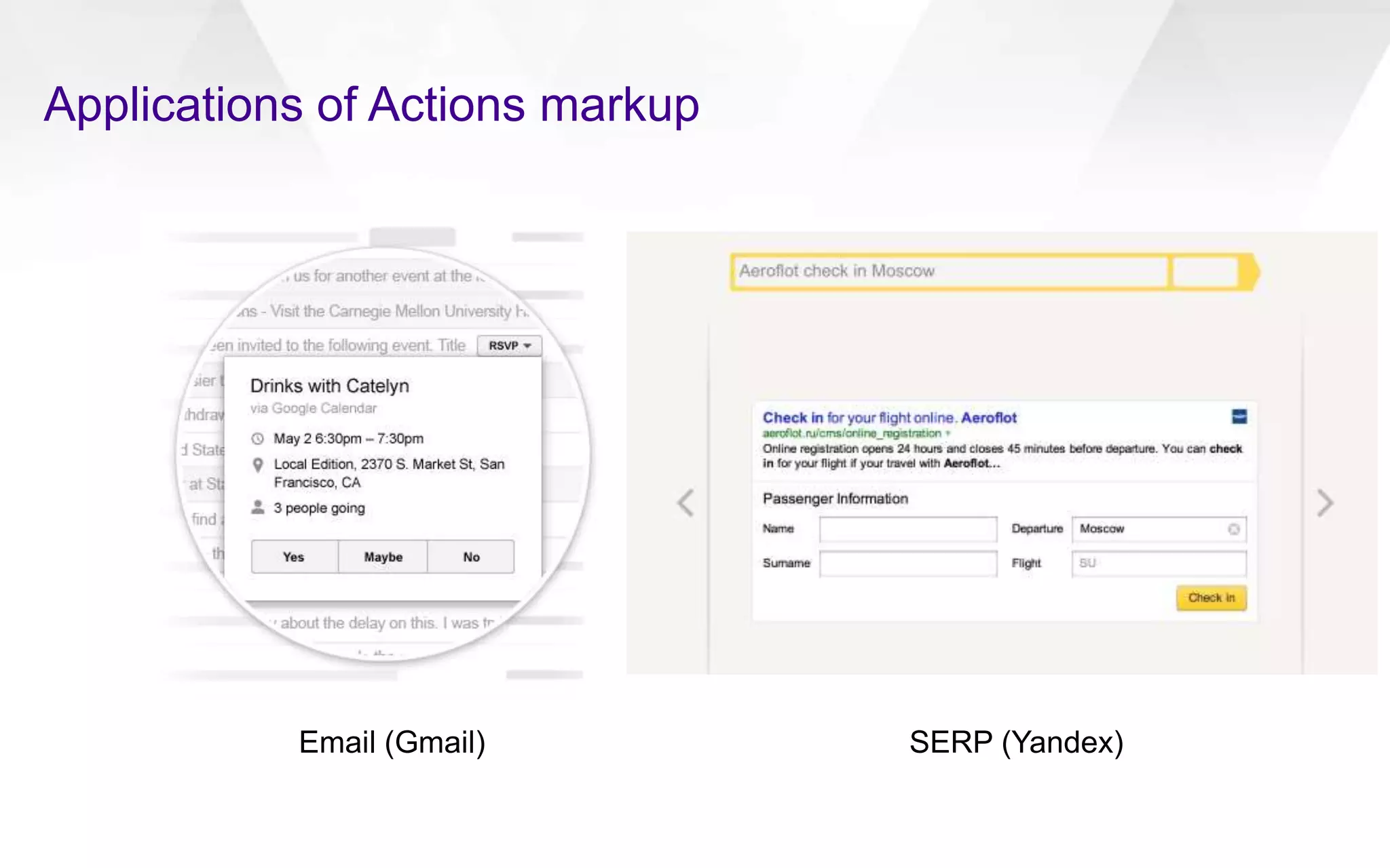 Applications of Actions markup
Email (Gmail) SERP (Yandex)
 