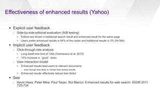Effectiveness of enhanced results (Yahoo)
 Explicit user feedback
› Side-by-side editorial evaluation (A/B testing)
• Edi...