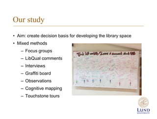 Our study
? Aim: create decision basis for developing the library space
? Mixed methods
C Focus groups
C LibQual comments
C Interviews
C Graffiti board
C Observations
C Cognitive mapping
C Touchstone tours
 