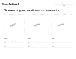 metric
by
Goal
/ /
Notes
Metrics Dashboard date
/ /
To assess progress, we will measure these metrics:
metric
by
Goal
/ /
...