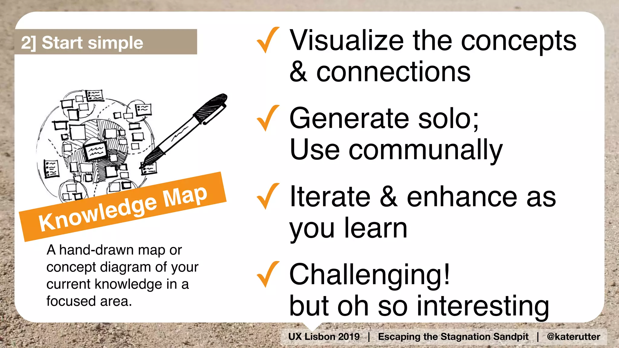 UX Lisbon 2019 | Escaping the Stagnation Sandpit | @katerutter
✓ Visualize the concepts
& connections
✓ Generate solo; 
Use communally
✓ Iterate & enhance as
you learn
✓ Challenging! 
but oh so interesting
Knowledge Map
A hand-drawn map or
concept diagram of your
current knowledge in a
focused area.
2] Start simple
 