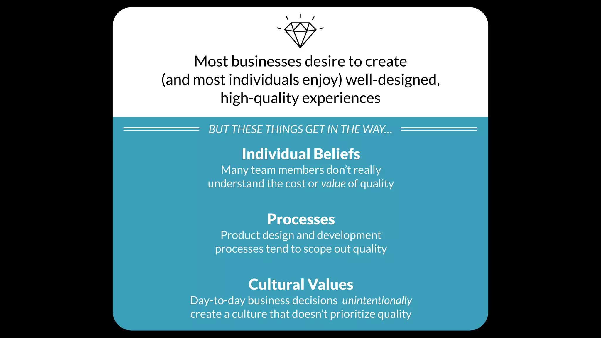 Most businesses desire to create
(and most individuals enjoy) well-designed,
high-quality experiences
BUT THESE THINGS GET IN THE WAY…
Individual Beliefs
Many team members don’t really
understand the cost or value of quality
Processes
Product design and development
processes tend to scope out quality
Cultural Values
Day-to-day business decisions unintentionally
create a culture that doesn’t prioritize quality
 