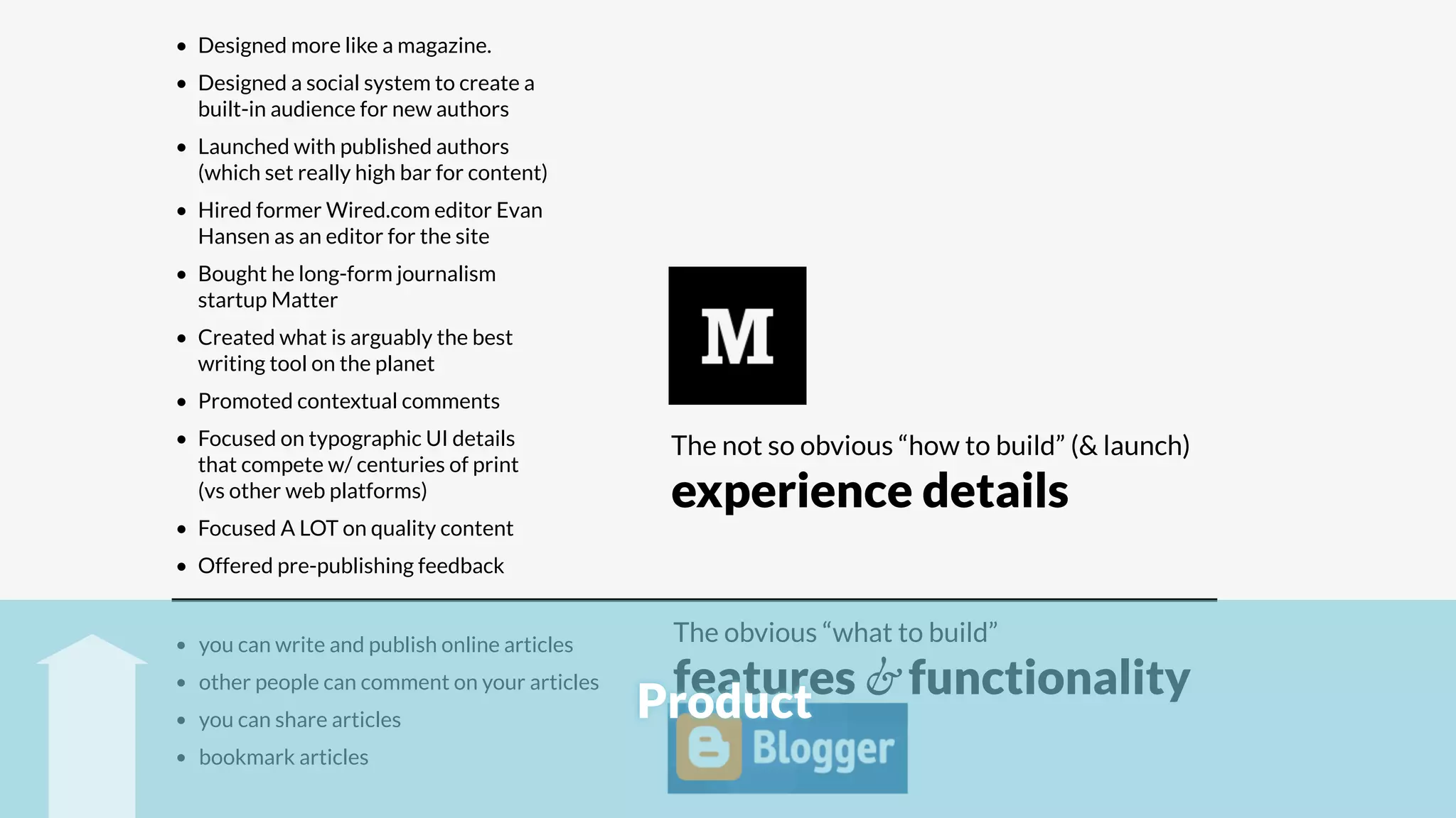 • Designed more like a magazine.
• Designed a social system to create a
built-in audience for new authors
• Launched with published authors
(which set really high bar for content)
• Hired former Wired.com editor Evan
Hansen as an editor for the site
• Bought he long-form journalism
startup Matter
• Created what is arguably the best
writing tool on the planet
• Promoted contextual comments
• Focused on typographic UI details
that compete w/ centuries of print
(vs other web platforms)
• Focused A LOT on quality content
• Offered pre-publishing feedback
• you can write and publish online articles
• other people can comment on your articles
• you can share articles
• bookmark articles
The obvious “what to build”
features & functionality
The not so obvious “how to build” (& launch)
experience details
Product
 