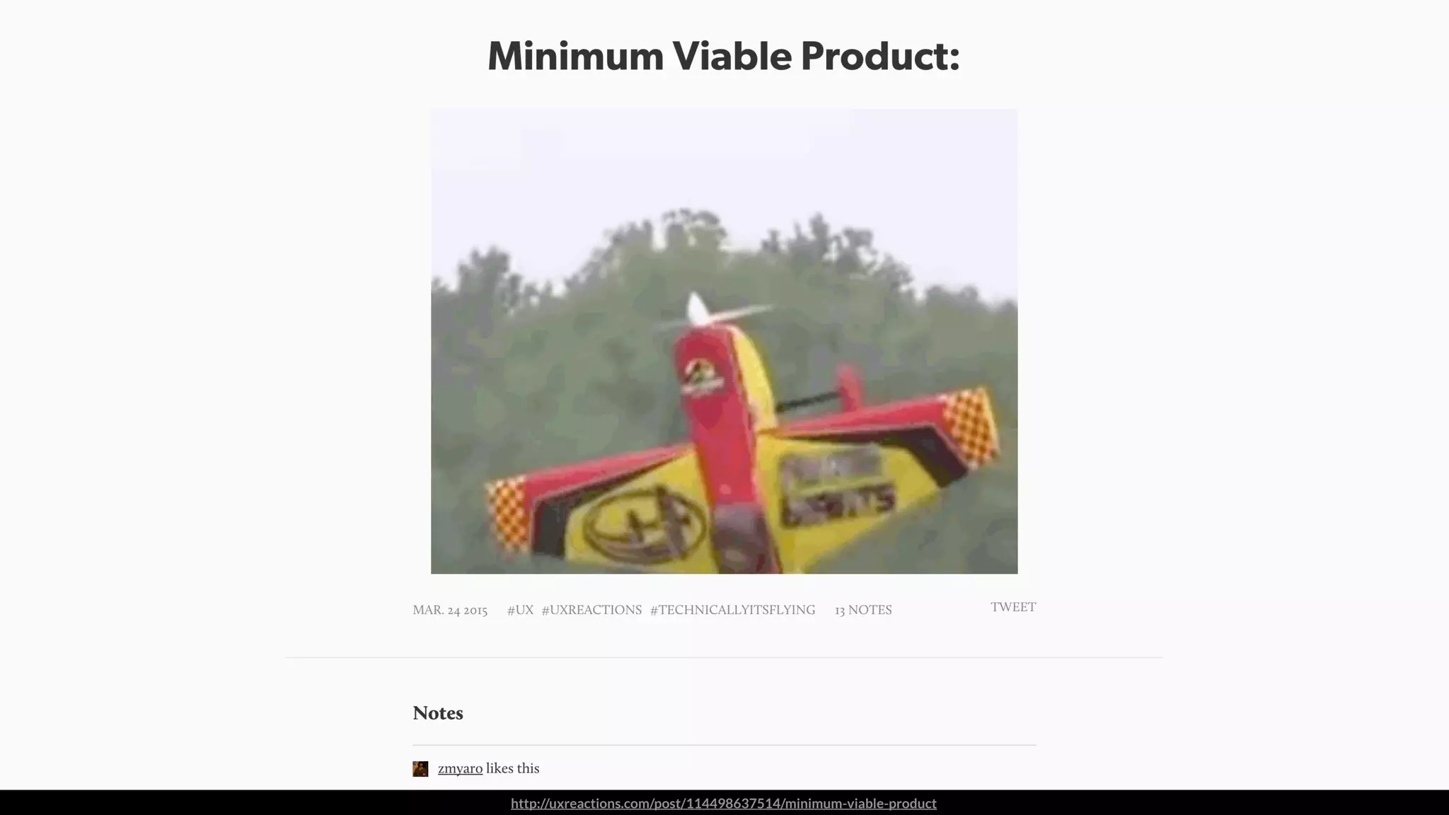 http://uxreactions.com/post/114498637514/minimum-viable-product
 